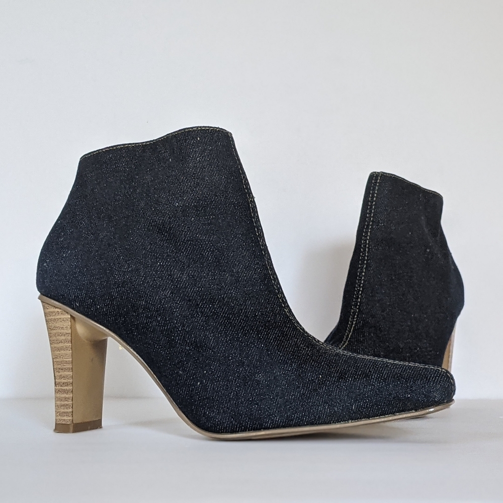 Vintage Y2K Splash Dark Blue Denim Heeled Booties Square Point Toe Boots Size 6